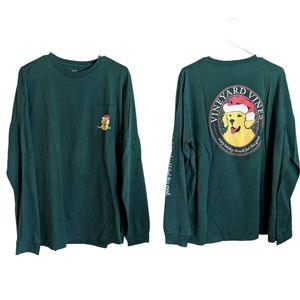 Vineyard Vines Xmas Good Boy Pocket Tee Dark Green Tee Santa Dog Size XL